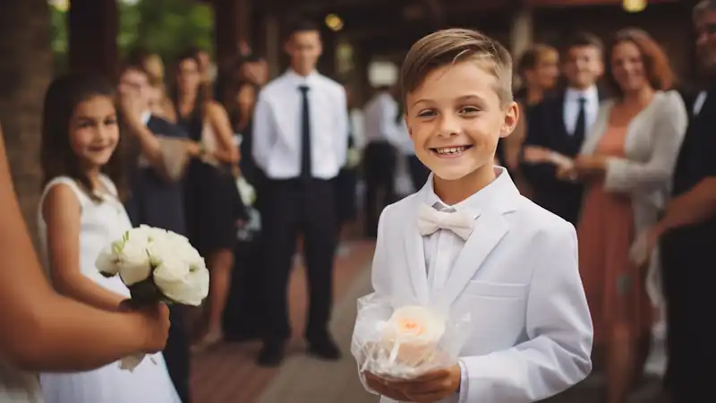 Fun Wedding Ideas for Children: Young boy hands out wedding favors at the reception.