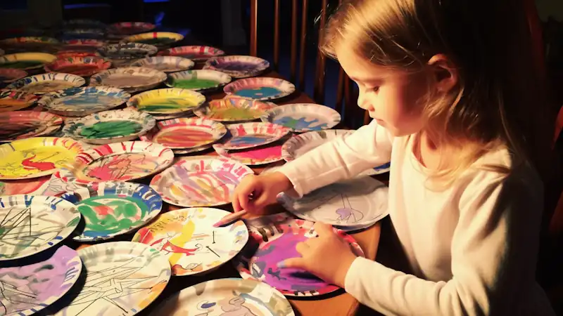 Fun Wedding Ideas for Children: A young child decorates paper plates for each guest at a wedding reception.